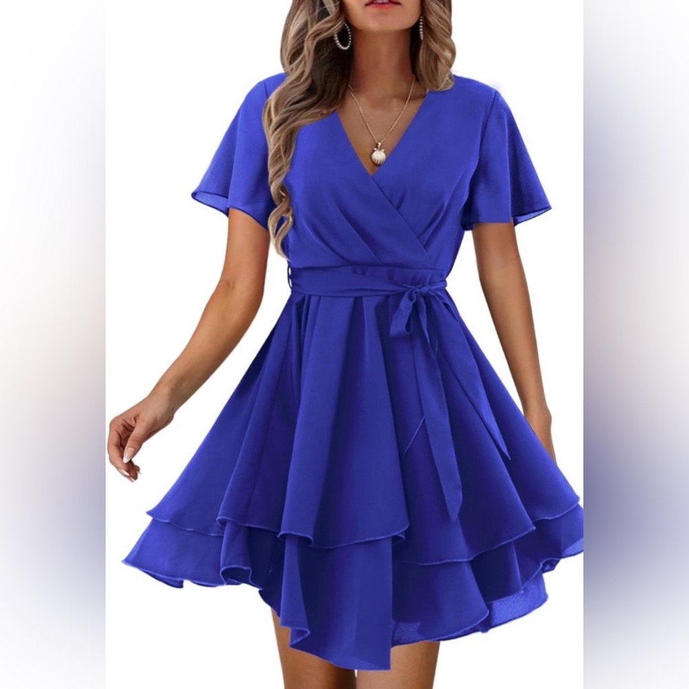 Amoreta wrap short sleeve vneck ruffle mini dress Blue Medium NWOT